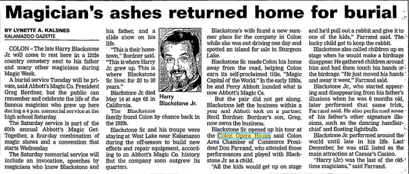 Hills Opera House - Aug 1997 Article On Harry Blackstone (newer photo)